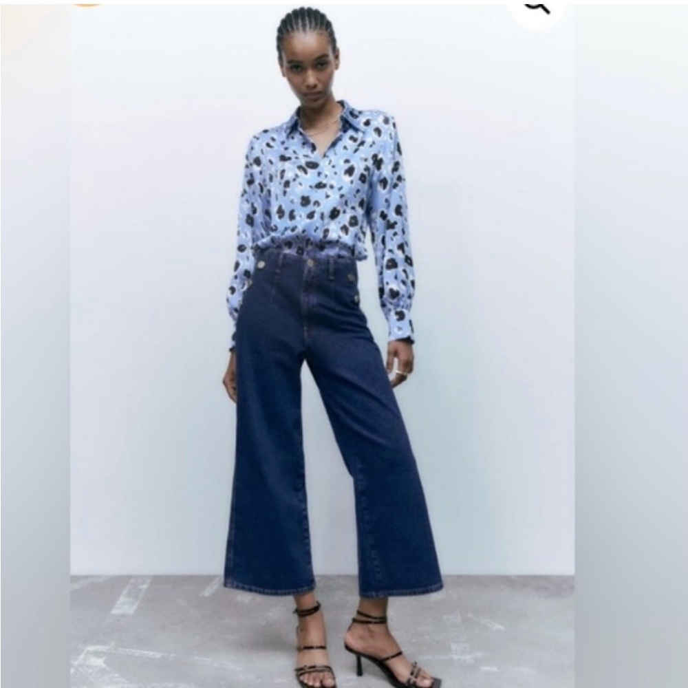 Zara High Rise Gold Button Sailor Cropped Denim